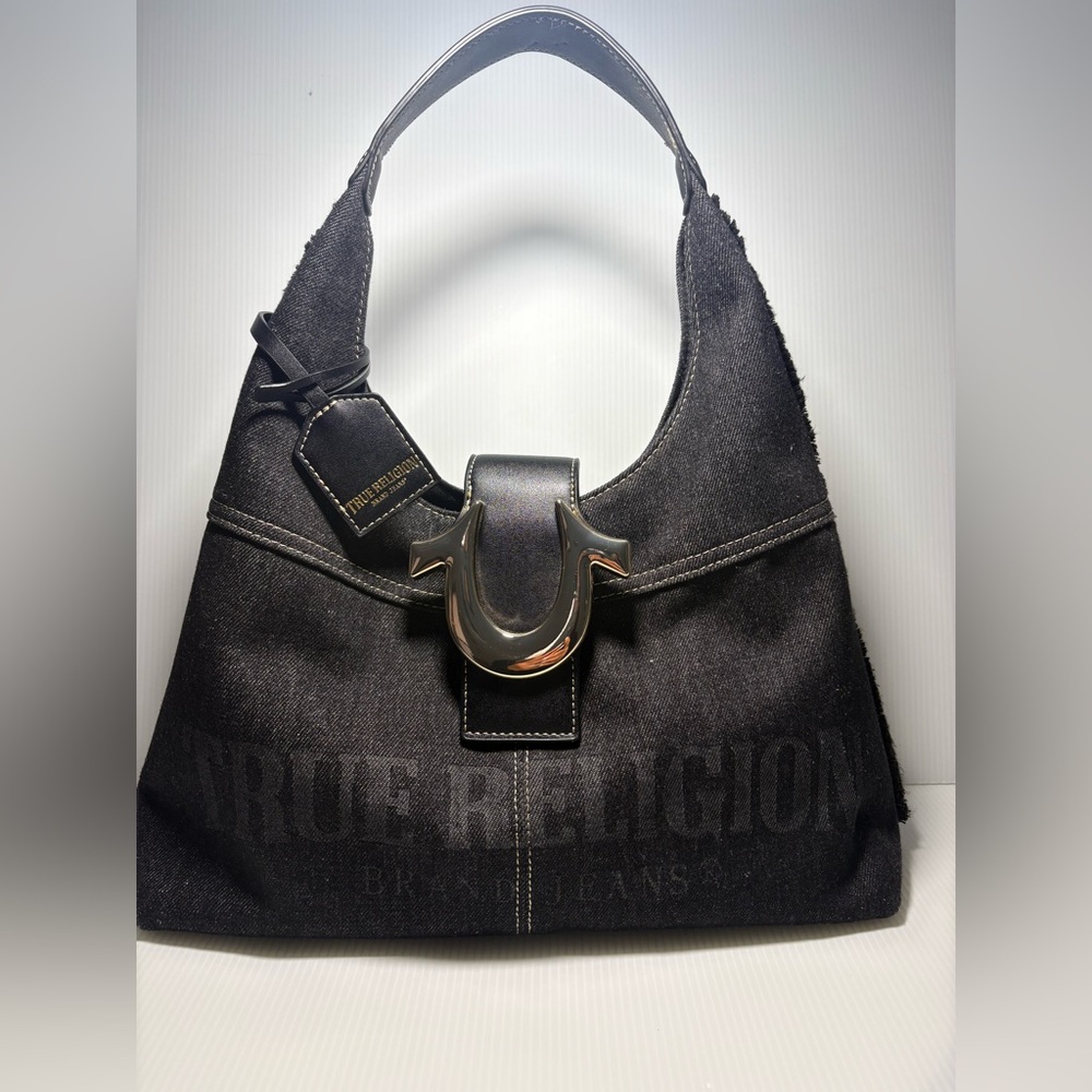 True Religion Frayed Denim Hobo Bag Black Denim Silver Hardware Handbag EUC